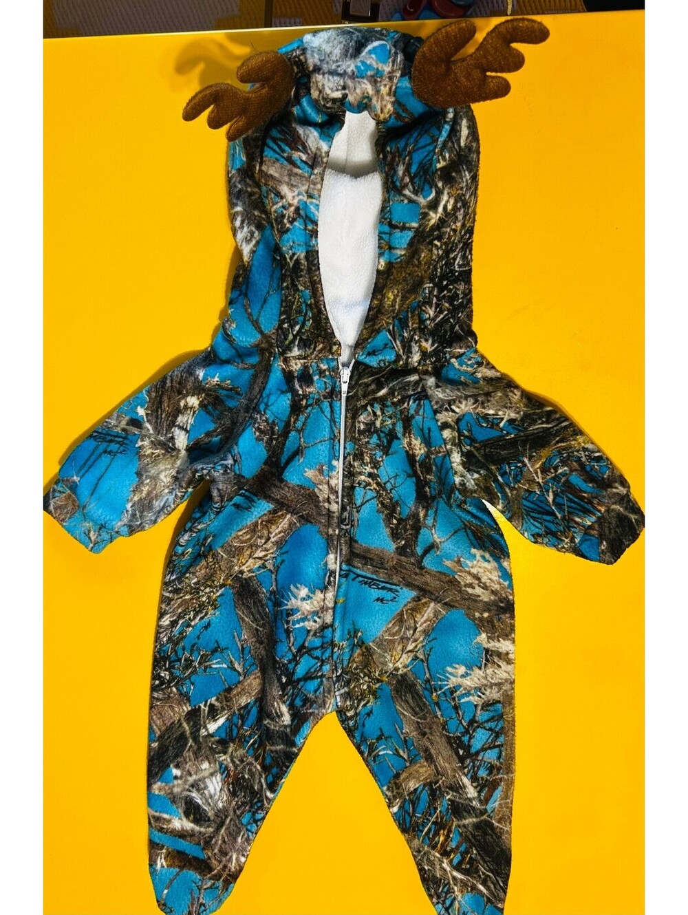 Baby Blue Camo Fleece Bunting Moose Antler Hood Footed Romper 0-3 Months USA